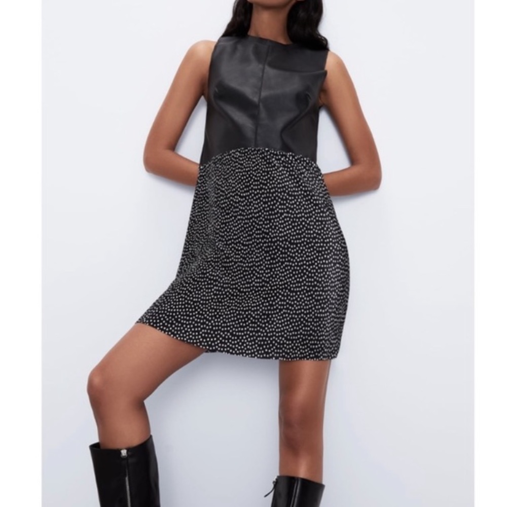 Zara Faux Leather Pleated Polka Dot Mini Dress Black and White Size Small NWT